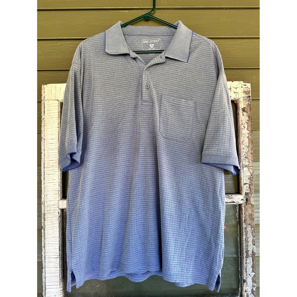 Architect Mens XL Polo Shirt Blue Grey Micro Stripe Short Sleeve Pocket Top